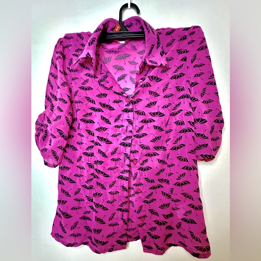 Tatyana Womens Umbrella Print Retro Collar Button Down Top Hot Pink Size XS
